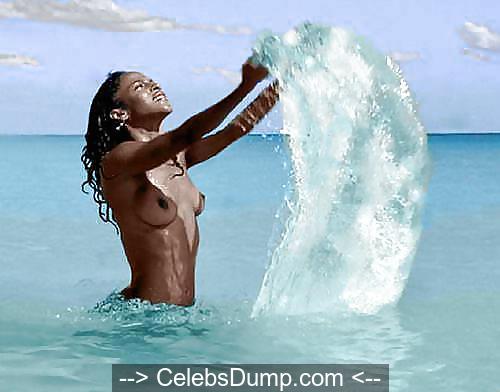 Black Megalyn Echikunwoke nude tits on a beach in Mexico.