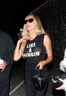 Brooks Nader braless in a see through 'Like A Virgin' top at Craig's in West Hollywood - April 14, 2026